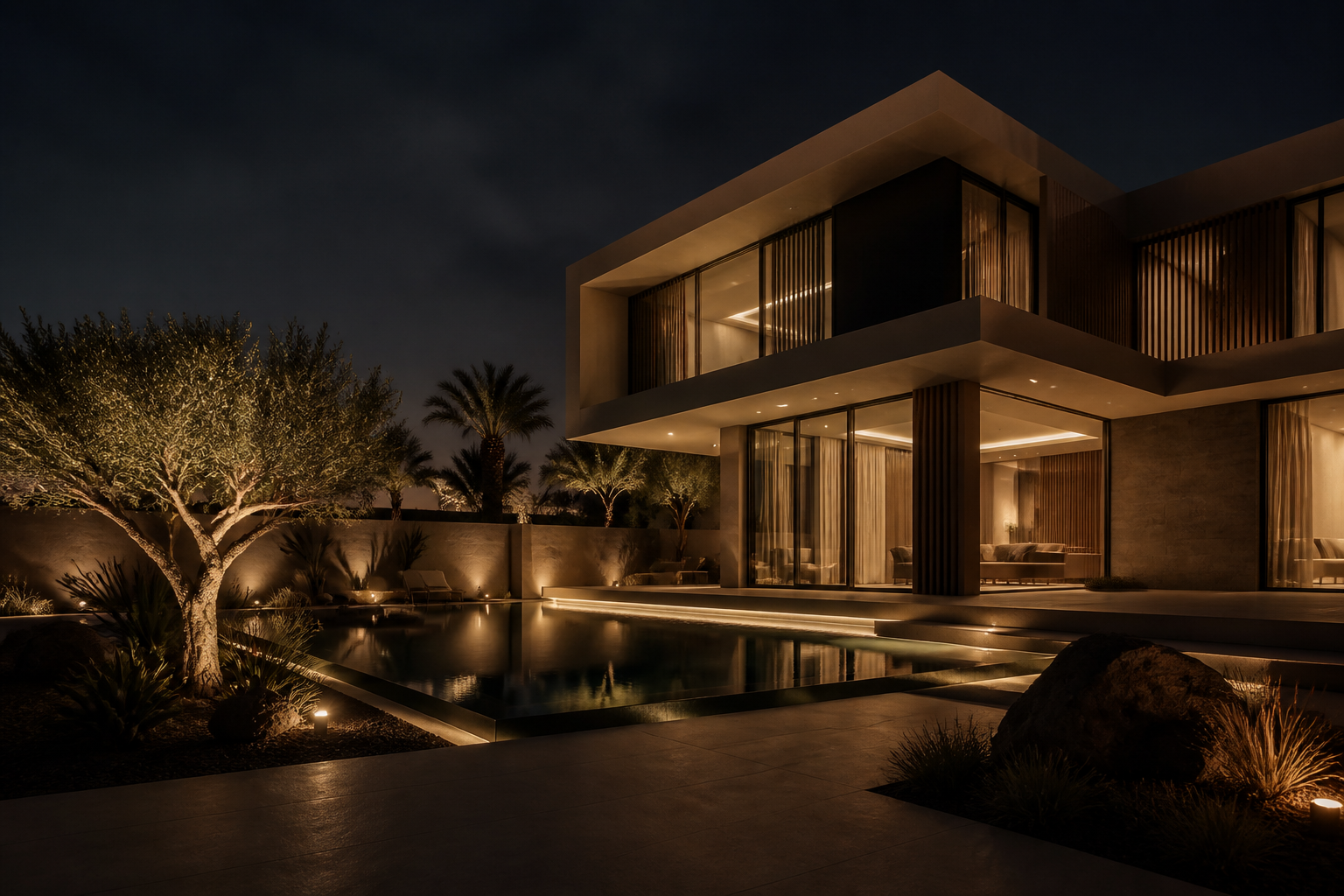 Contemporary Dubai villa at night